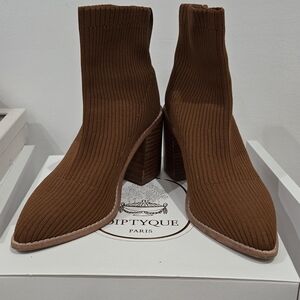 Brown Ribbed Sock Booties with Block Heel